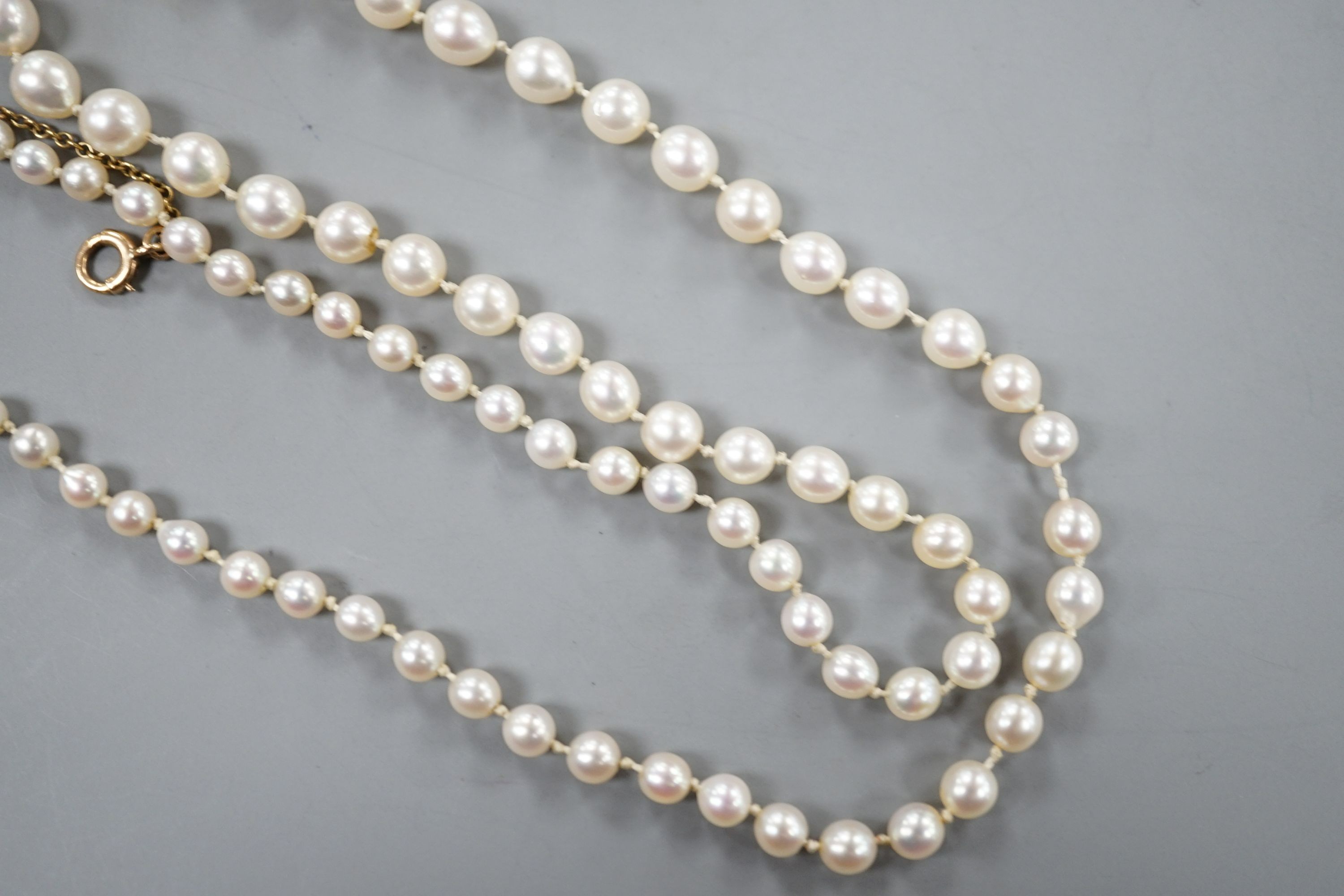 A single strand graduated cultured pearl choker necklace, with diamond chip set 18ct & plat, clasp, 42cm, gross weight 10.4 grams